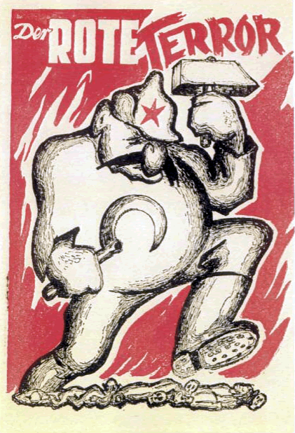 Okładka broszury dywersyjnej Sławomira Dunin-Borkowskiego Der Rote Terror [Czerwony terror] z rys. Stanisława Tomaszewskiego ps. Miedza, 1943