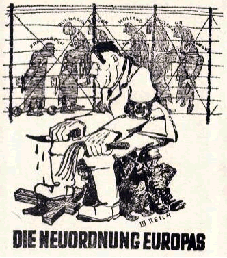 Ulotka dywersyjna „Die Neuordnung Europas” [Nowy porządek europejski] z rys. Stanisława Tomaszewskiego ps. Miedza, 1942
